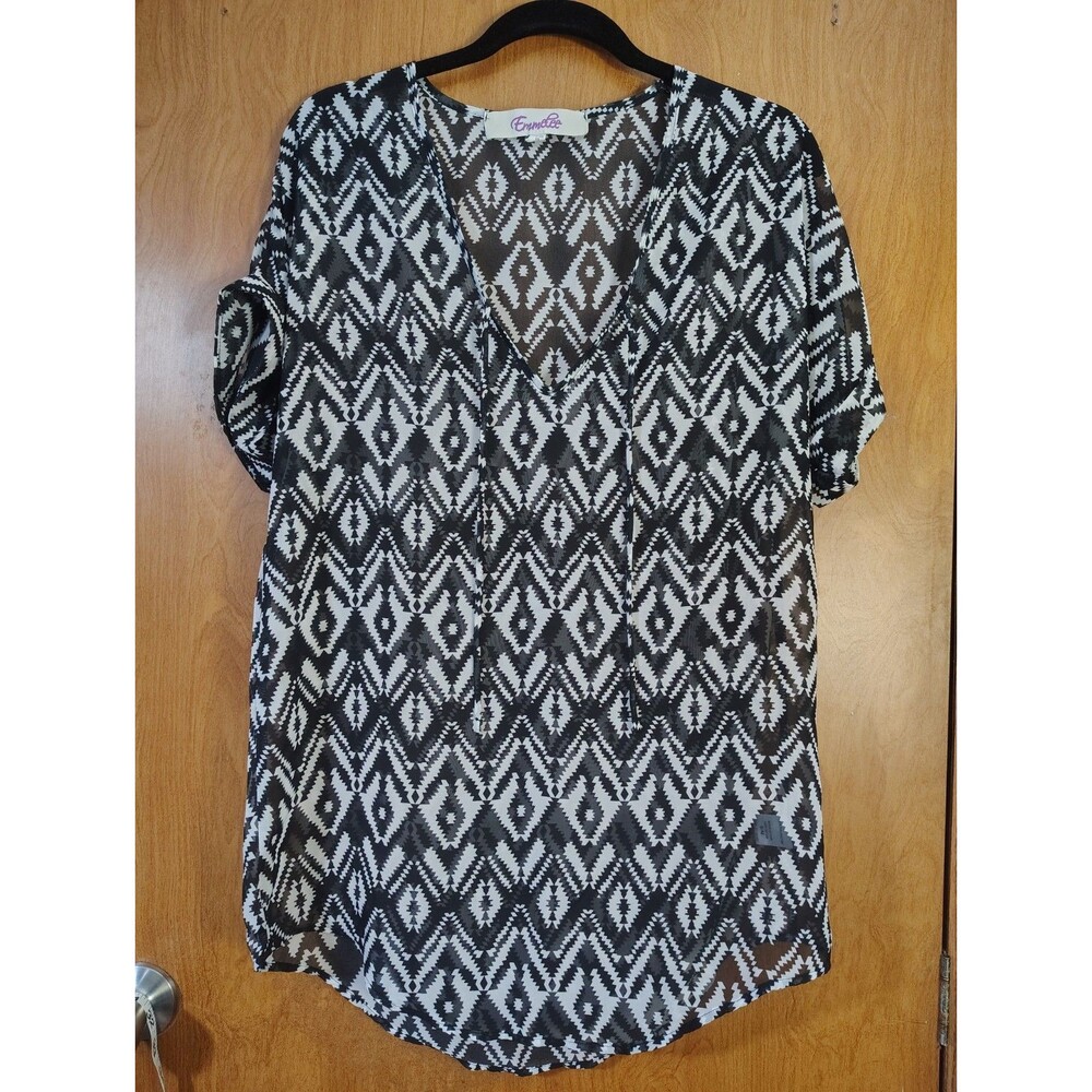 Emmelee Black White Sheer Tunic Top Sz S/M Tribal Aztec Geometric Southwestern